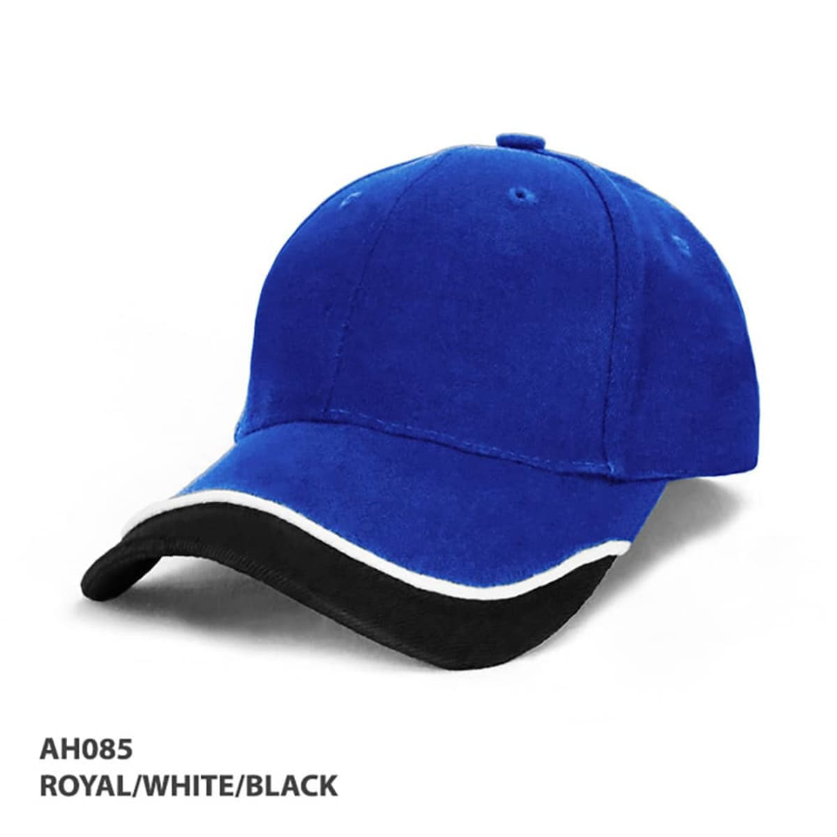 A royal blue cap with a black brim and white trim, featuring a logo on the front.