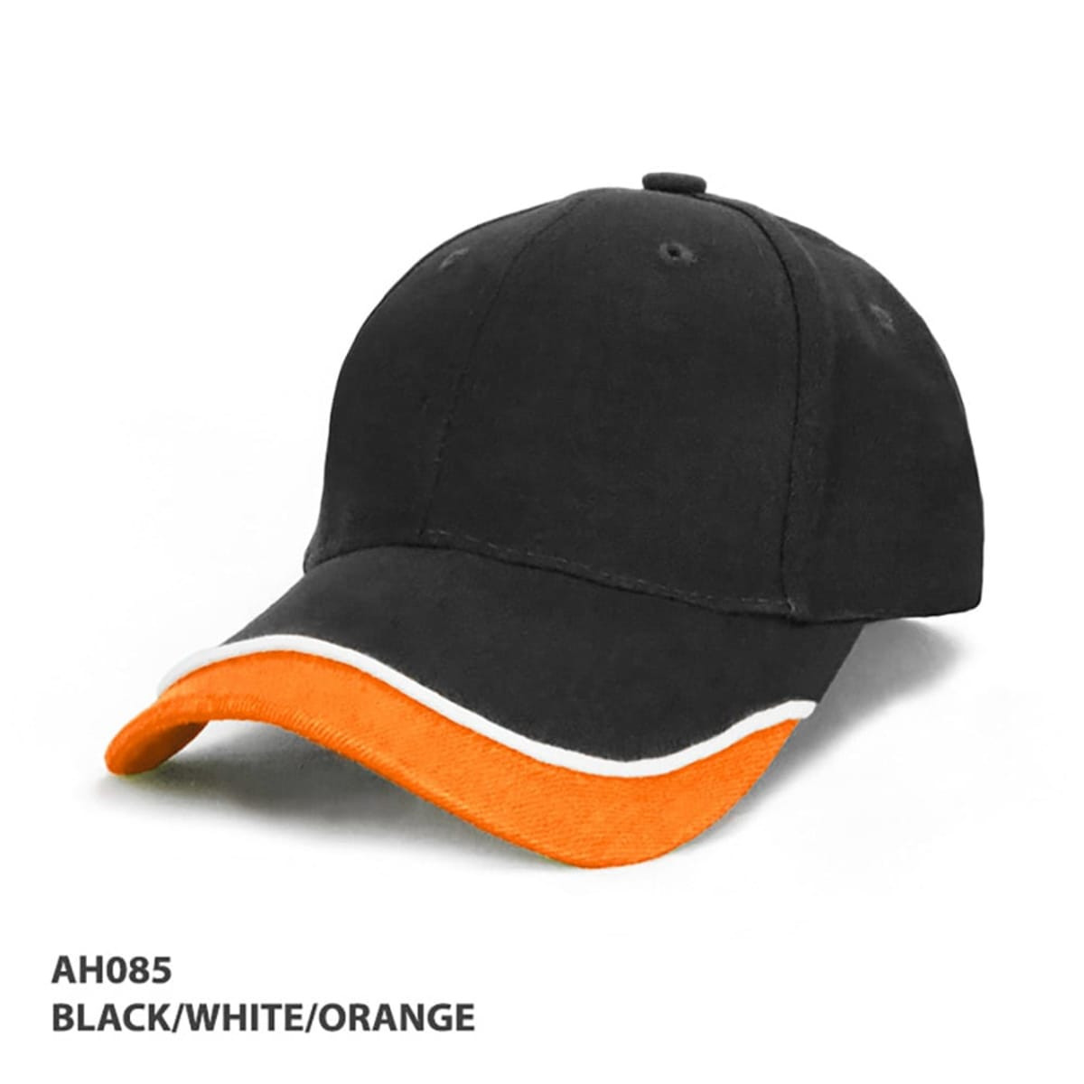 A black cap with an orange visor and white detailing, featuring a logo on the front.