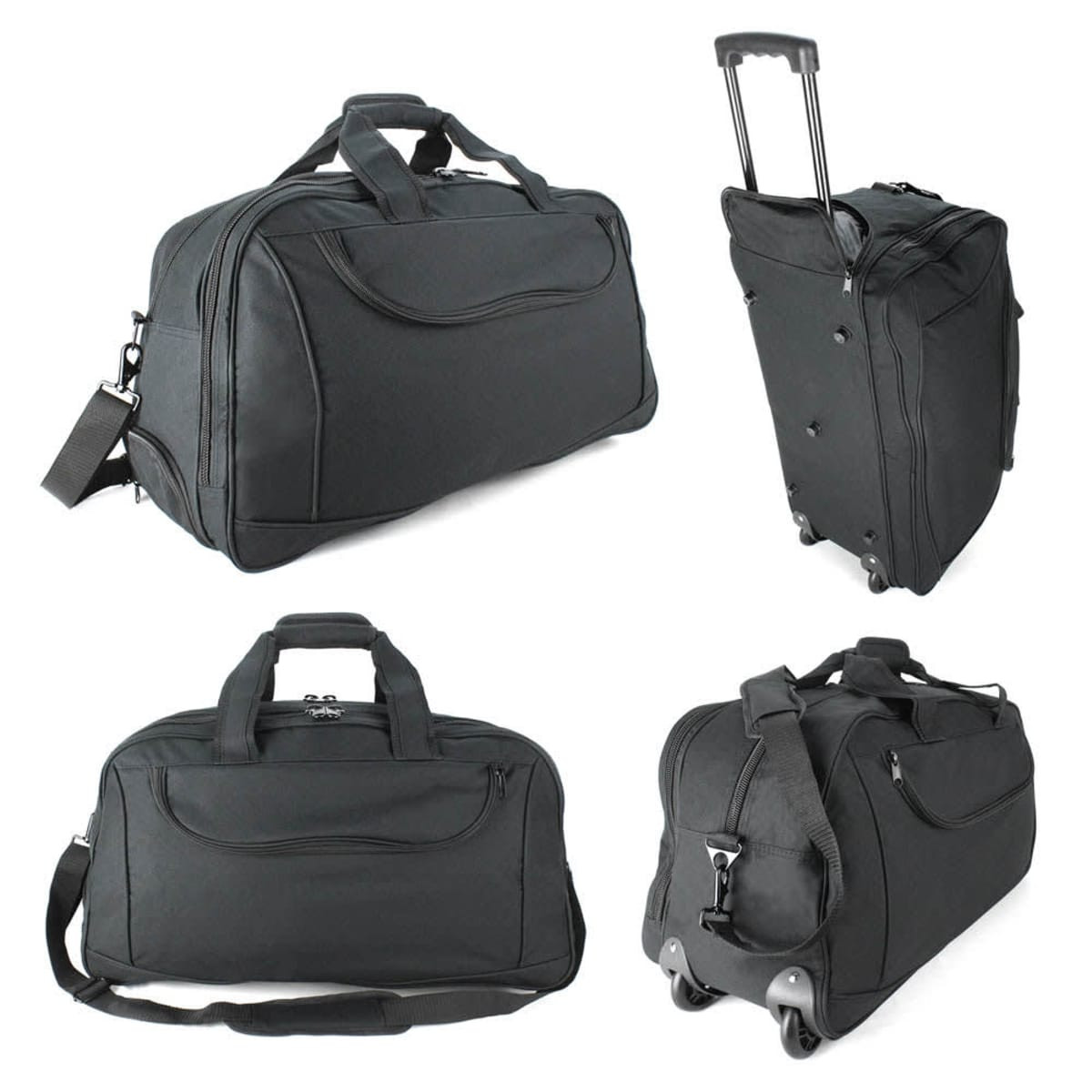 A wheeled travel bag in black with multiple carrying options, including handles and a retractable handle.
