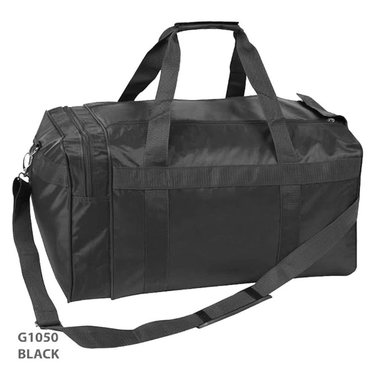 A black duffle bag with sturdy handles and a detachable shoulder strap, featuring multiple compartments.