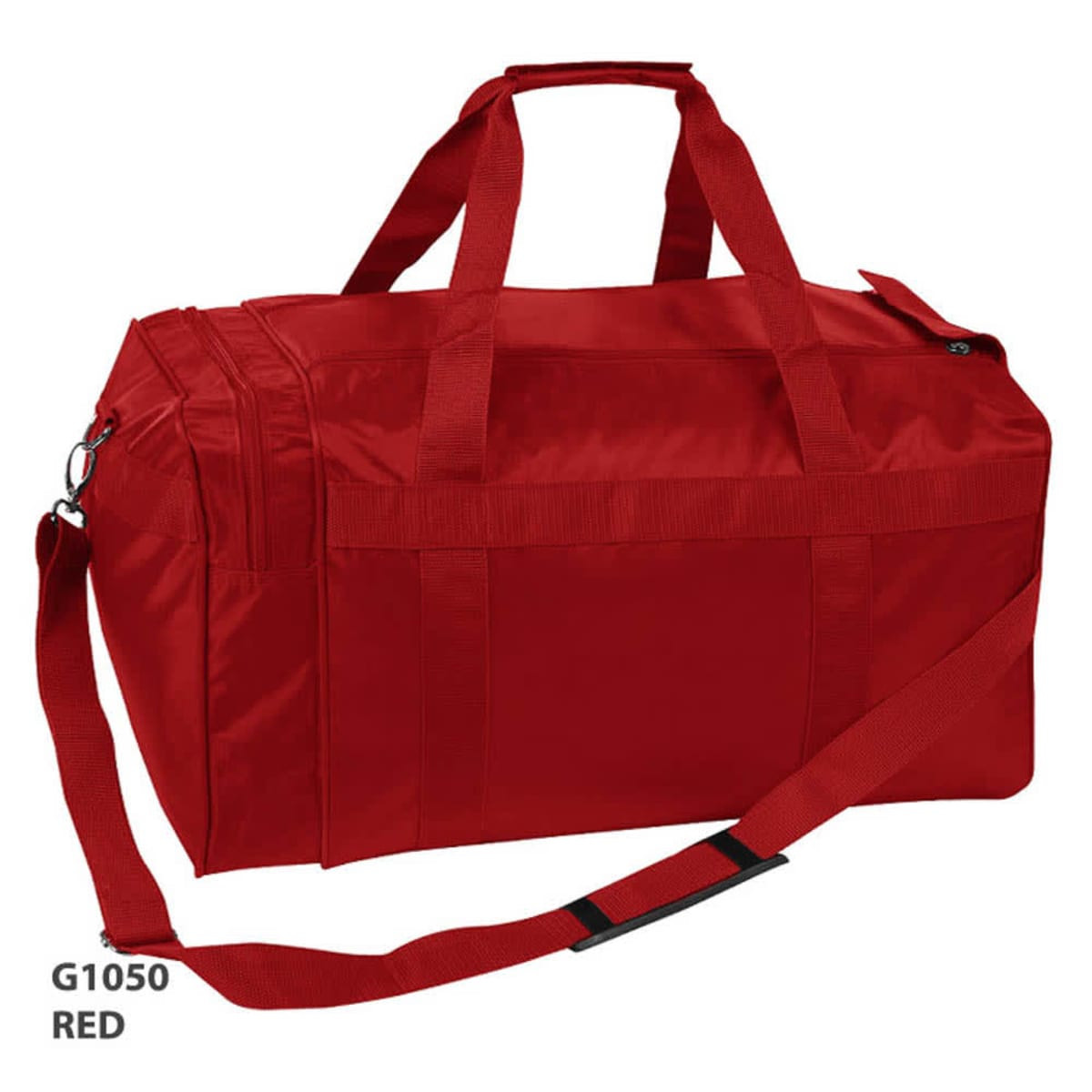 A red duffle bag featuring snug handles, an adjustable strap, and a logo on the side.