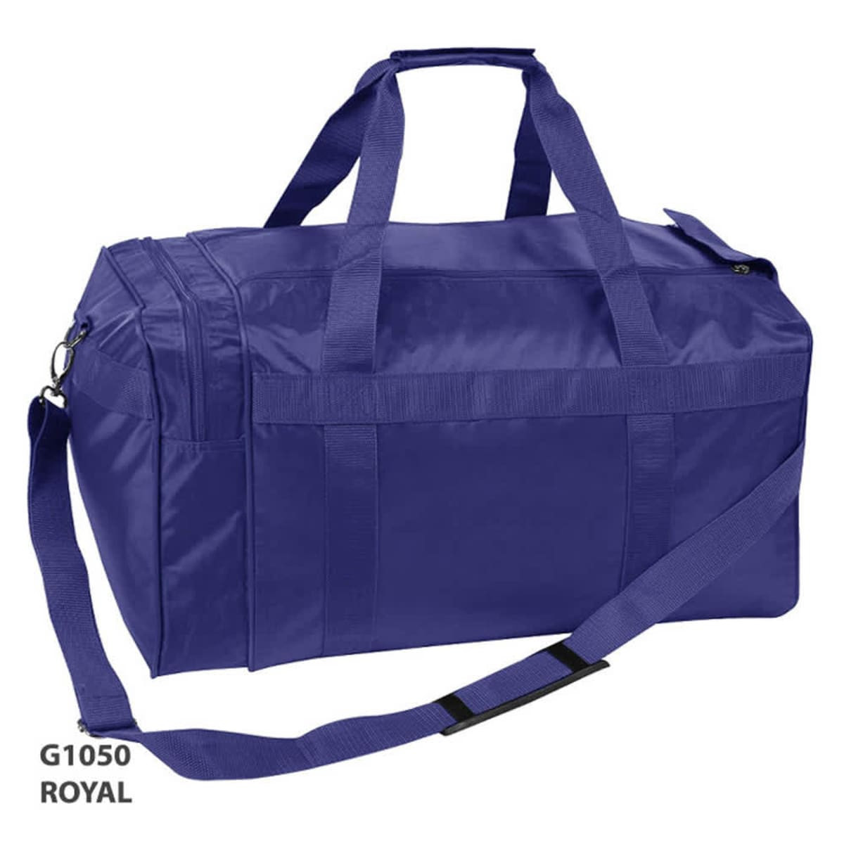 A royal blue duffle bag with multiple handles and a shoulder strap. It features a logo.