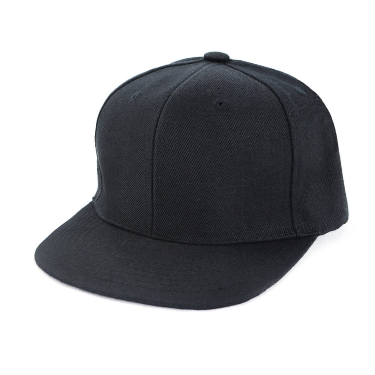 A black cap with a flat brim and a logo on the front, designed for casual wear.