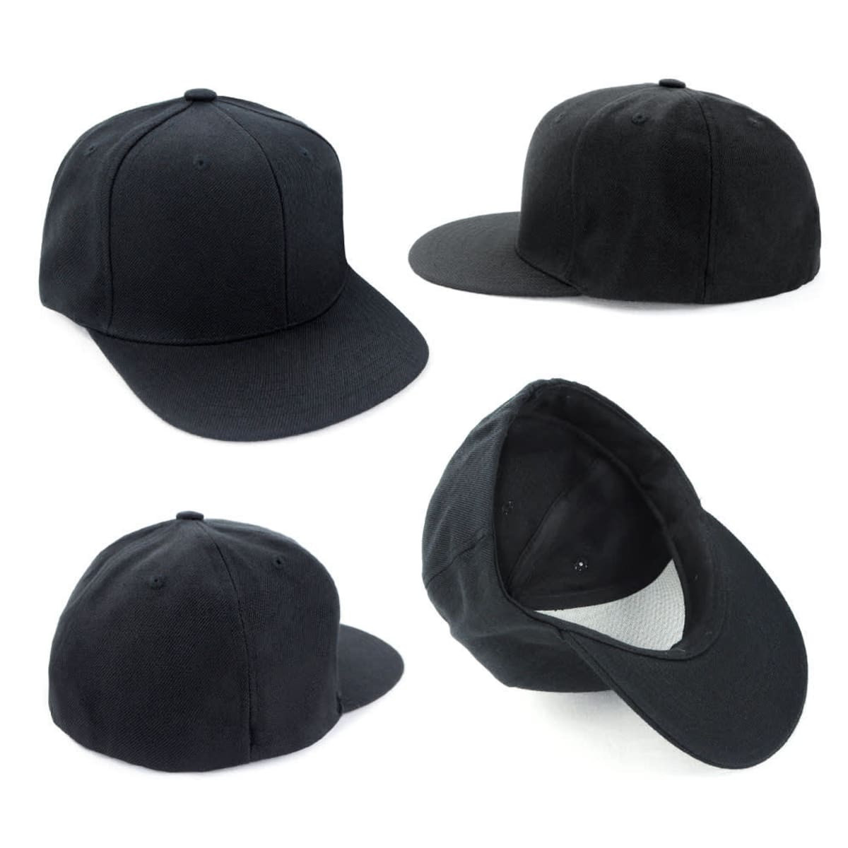 A black cap featuring a structured design and a flat brim, with interior detailing and a logo.