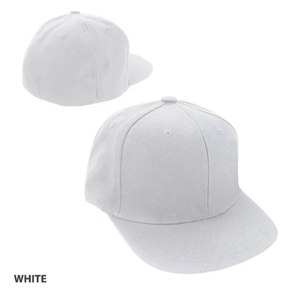 A white cap with a structured design, featuring a logo and visible stitching details.