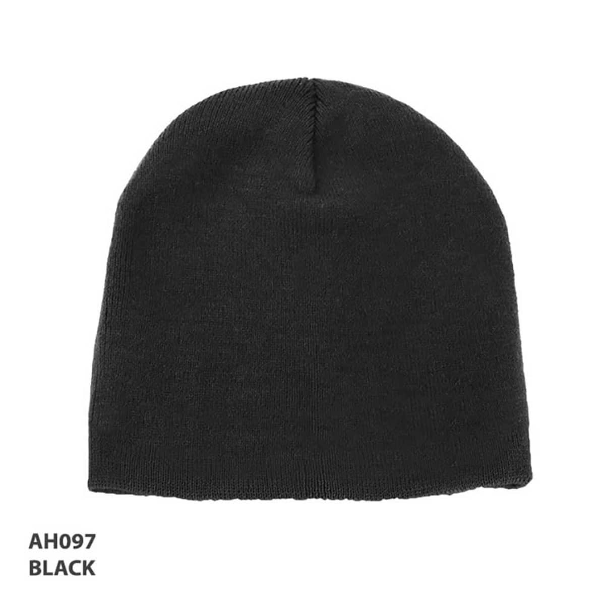 Acrylic two-tone beanie in black with a smooth finish and a snug fit. Features a logo on the side.