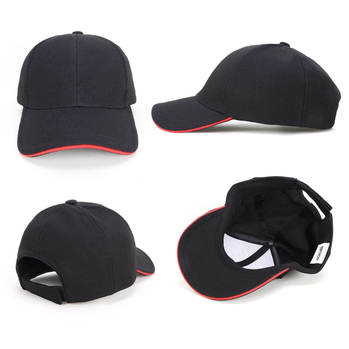A black cap with a mesh design and red accents, featuring a logo and various angles displayed.