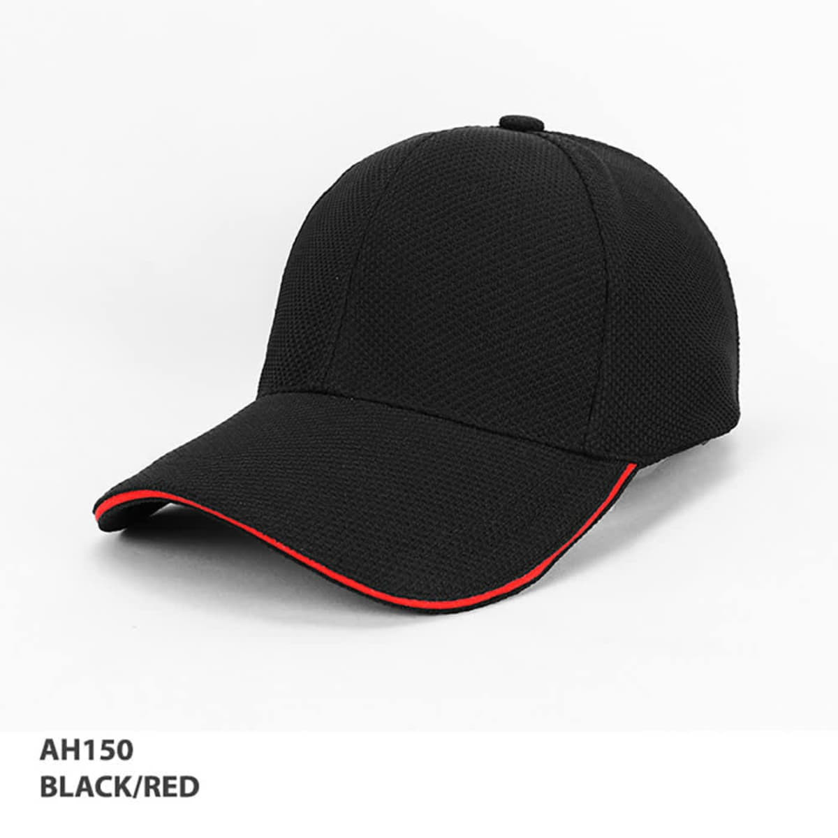 A black and red cap with a mesh design, featuring a curved peak and a logo on the front.