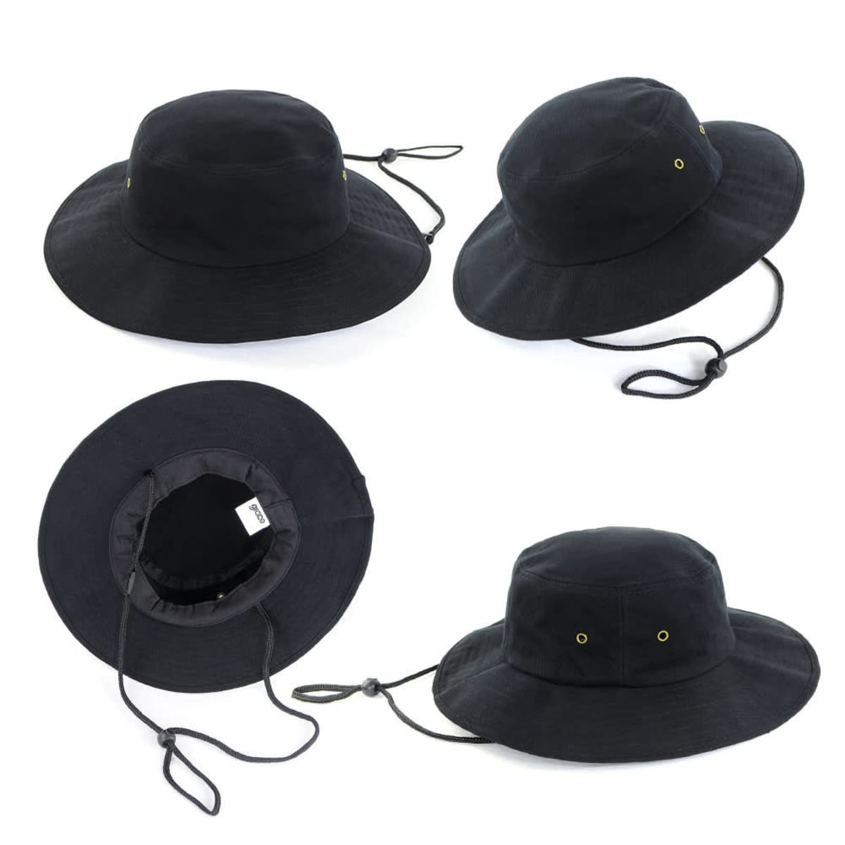 A black bucket hat with a wide brim, featuring a drawstring and eyelets, shown from multiple angles.