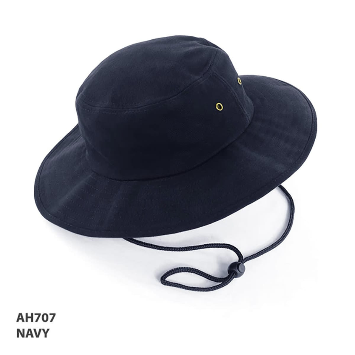 A navy bucket hat with a wide brim, featuring eyelets and an adjustable chin strap.