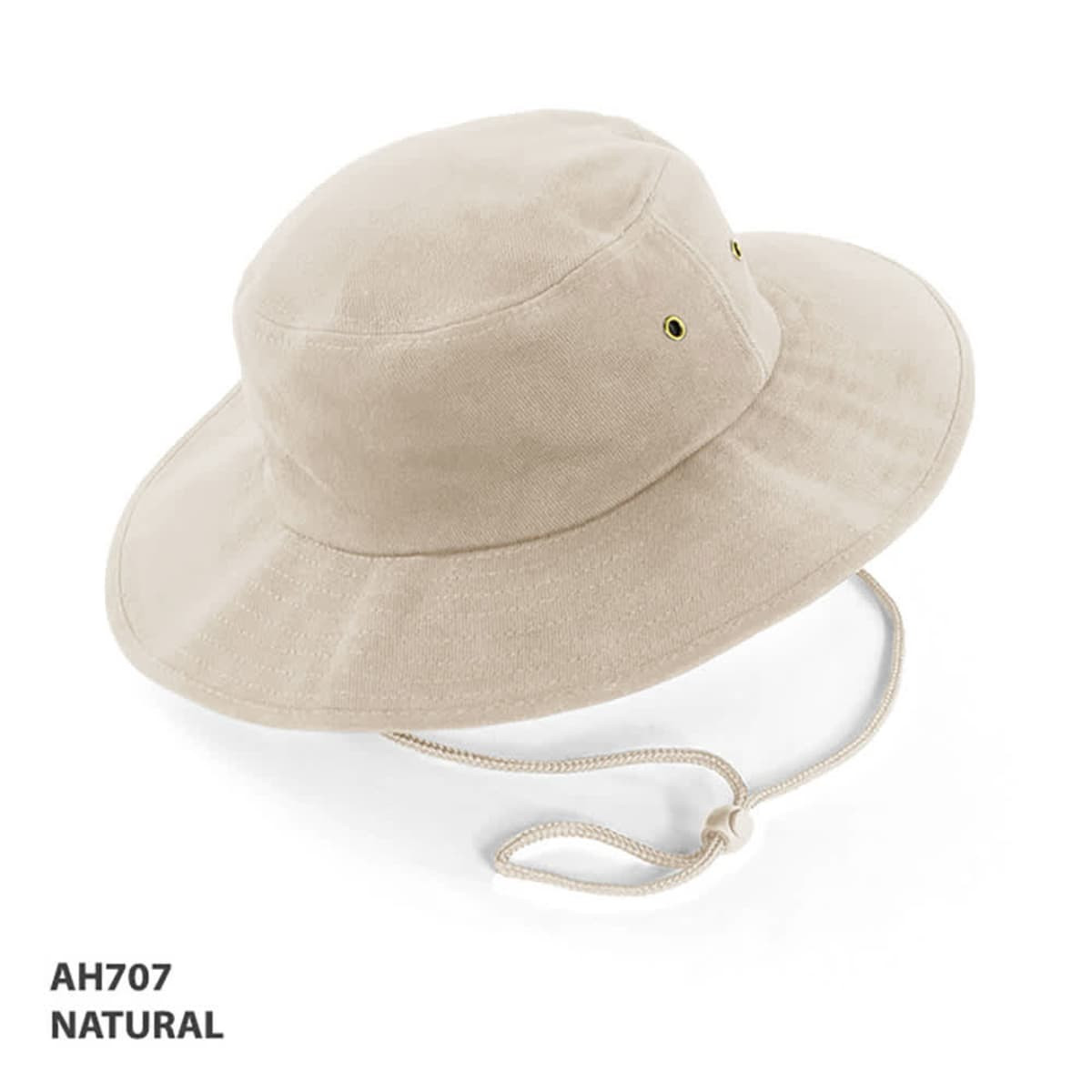 A natural-coloured bucket hat with ventilation holes and a chin strap. It features a logo.
