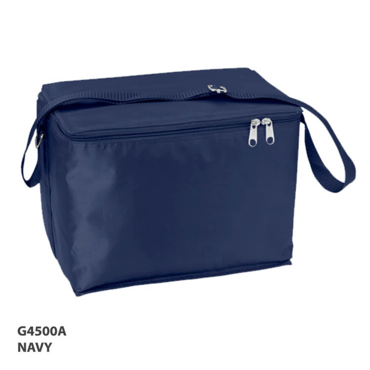 A navy cooler bag with a zippered top and an adjustable strap, featuring a logo on the side.