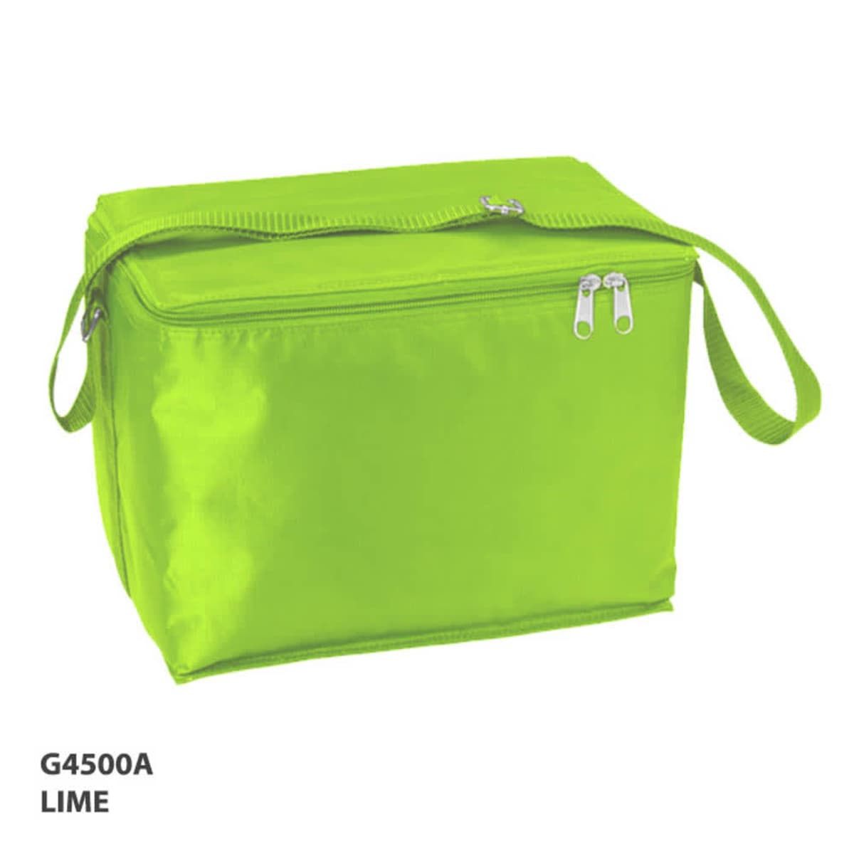 A lime green cooler bag with a zip closure and a handle, featuring a logo.