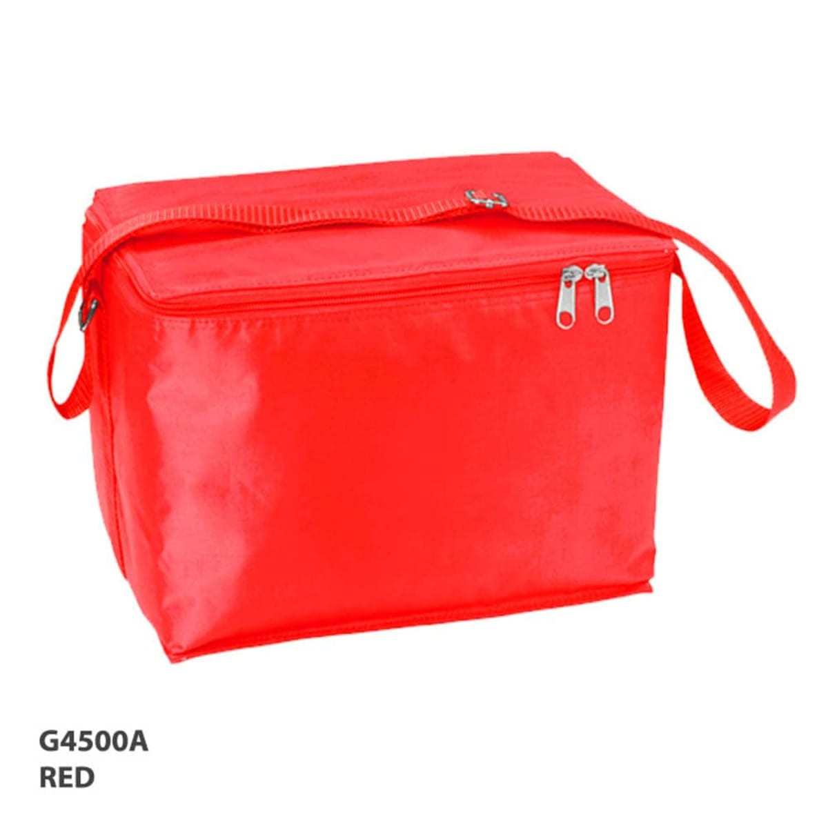 A red cooler bag with a zippered top, featuring a shoulder strap and a branding logo.