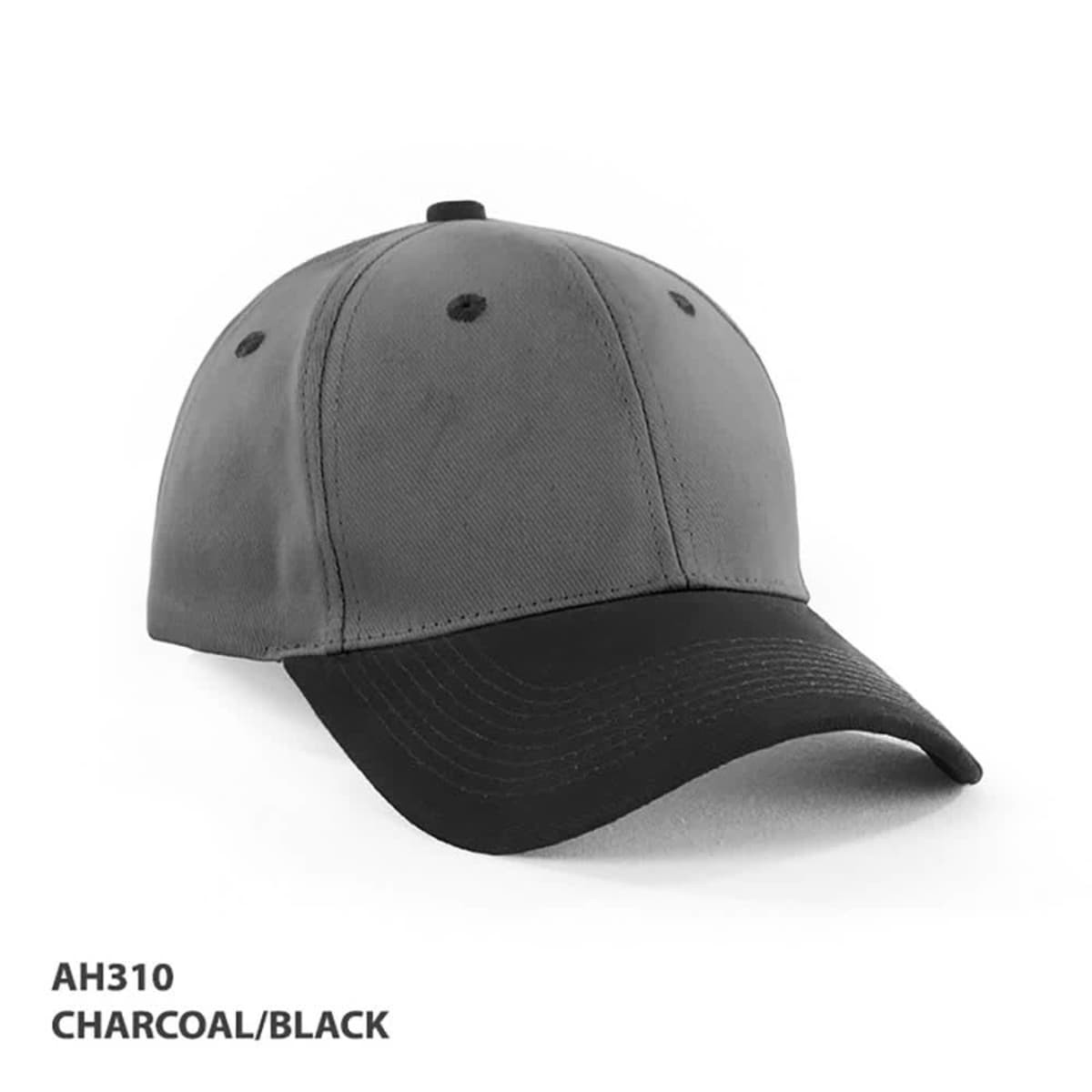 A charcoal and black two-tone cap featuring a logo on the front and six-panel design.