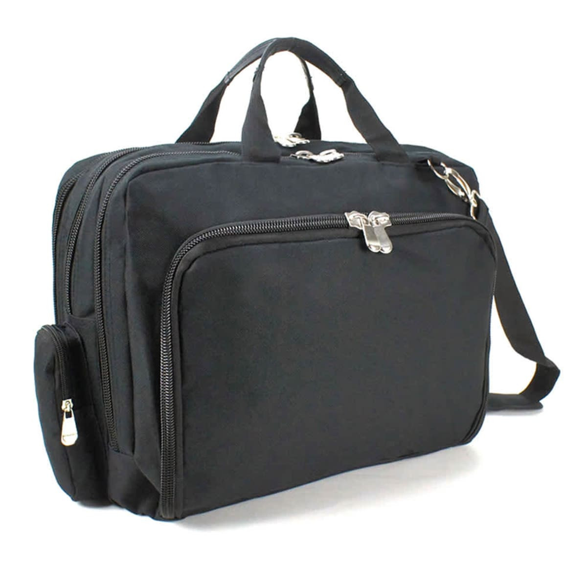 A black conference bag featuring multiple zippered compartments and a shoulder strap, with one side pocket.
