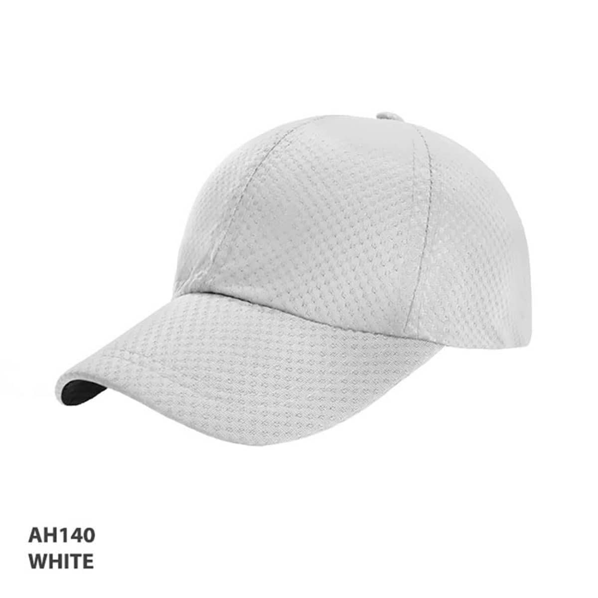 A white Polymesh cap with a textured design and a curved peak, featuring a logo.