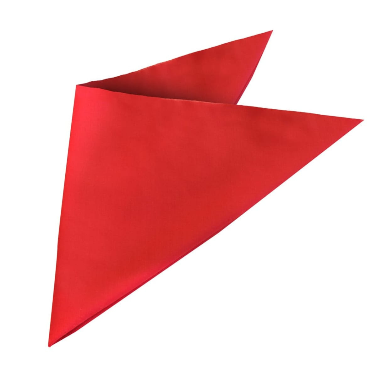 A red bandanna with a triangular shape, featuring a logo on one side.