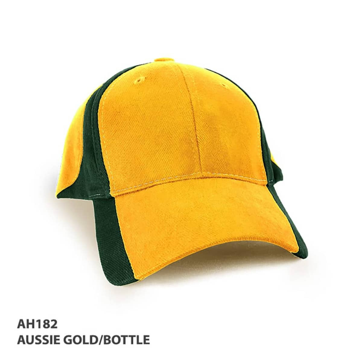 A cap in Aussie gold and bottle green, featuring a logo on the front.