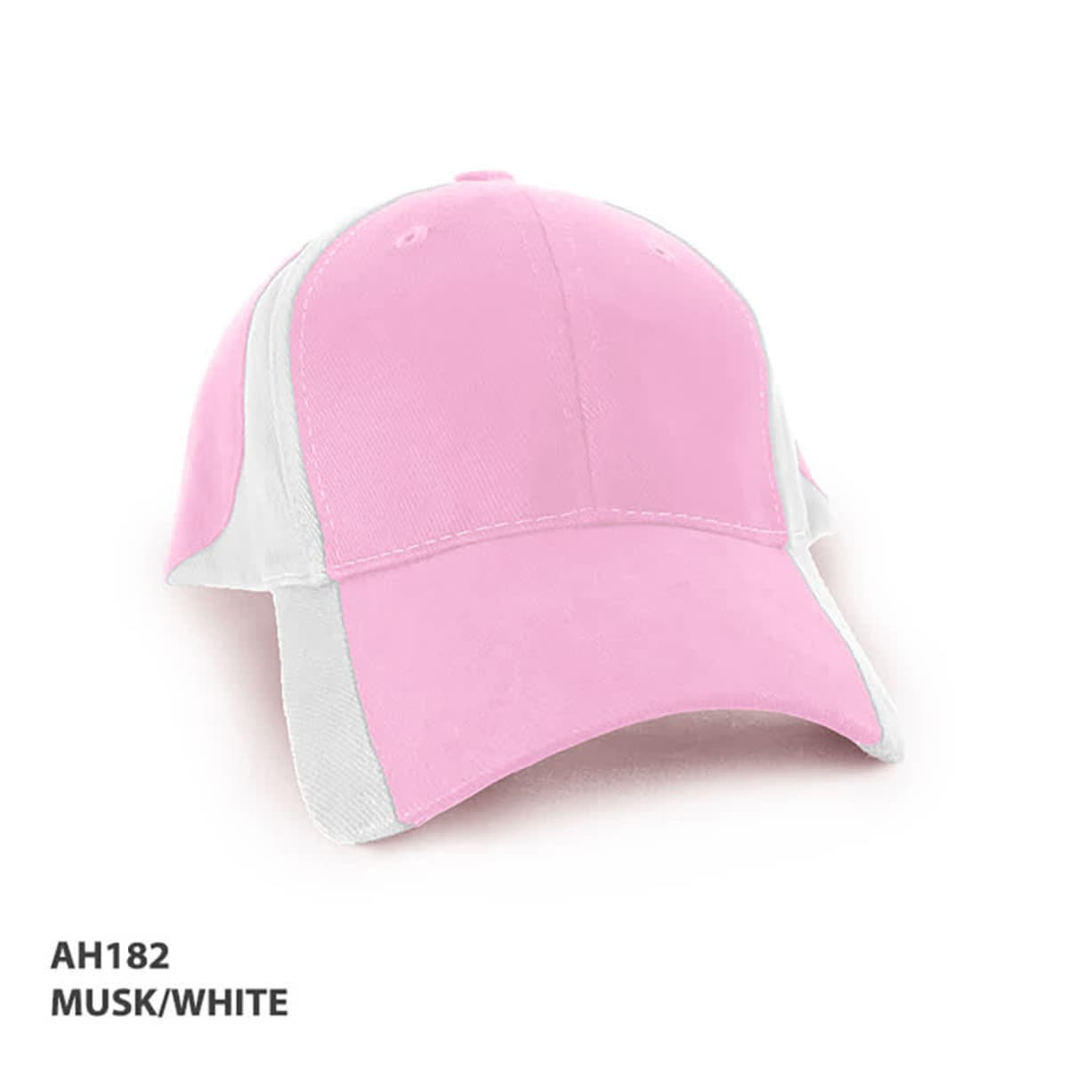 A pink and white cap featuring a logo, designed for promotional use.