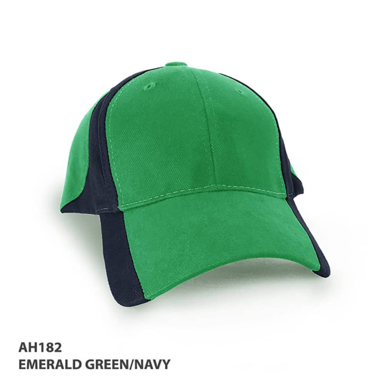 A cap featuring emerald green and navy panels, with a logo on the front.