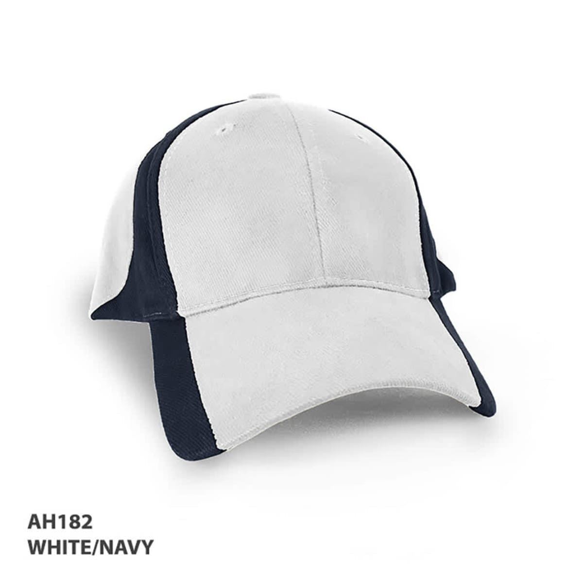 A white and navy cap with a structured design and a logo on the front.