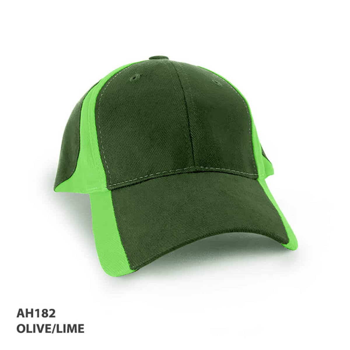 A cap in olive green and lime with a panel design and a logo.
