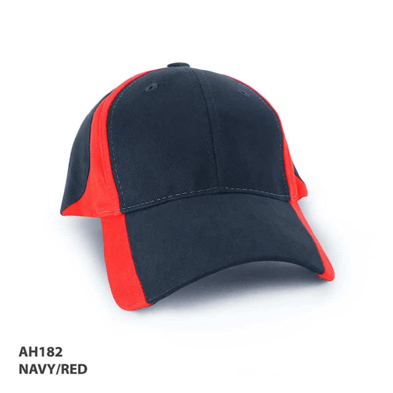 A navy and red cap with a logo on the front, featuring a structured design and curved peak.
