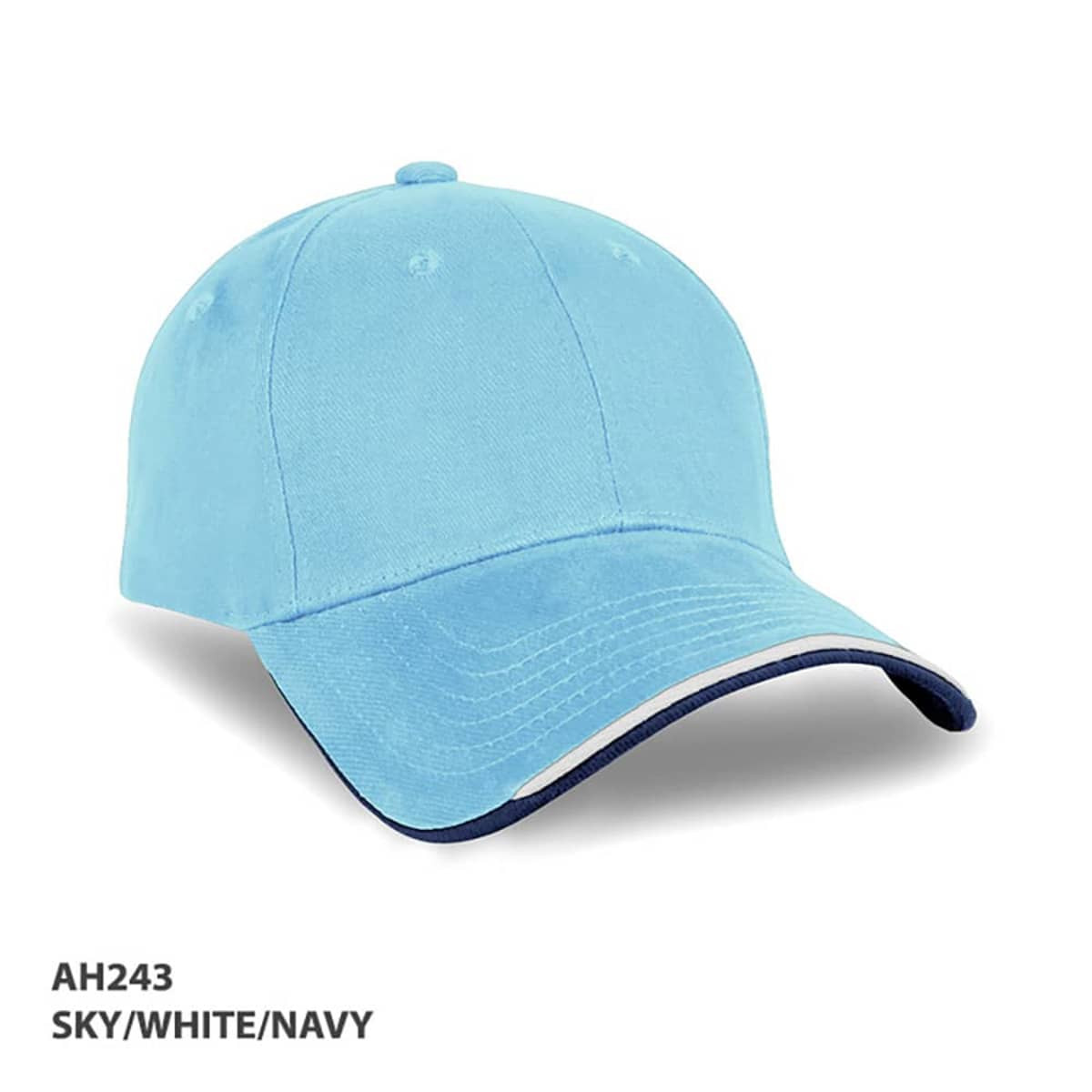 A light blue cap with a navy trim and a logo, featuring a classic curved brim design.