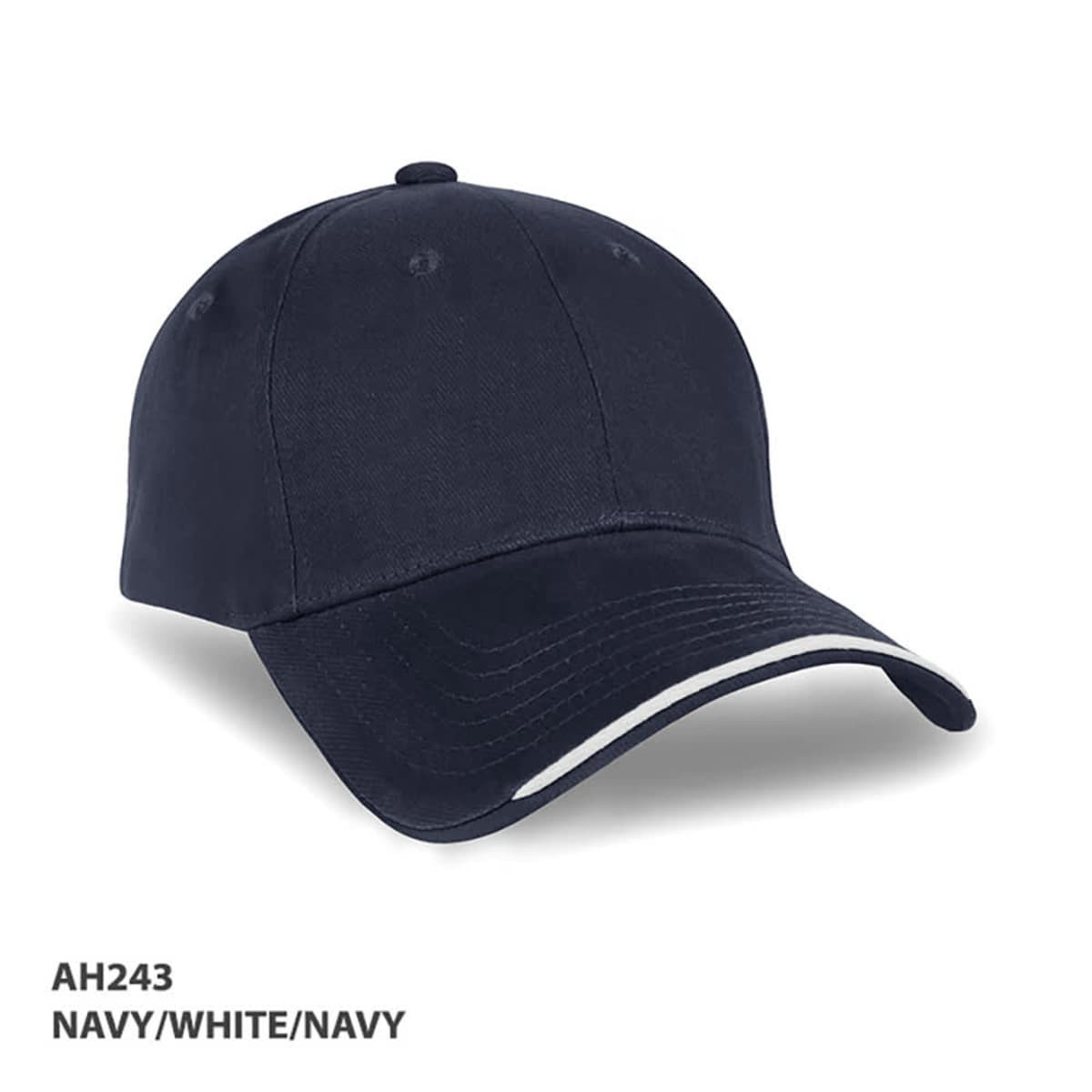 A navy cap with a white trim and a logo on the front.