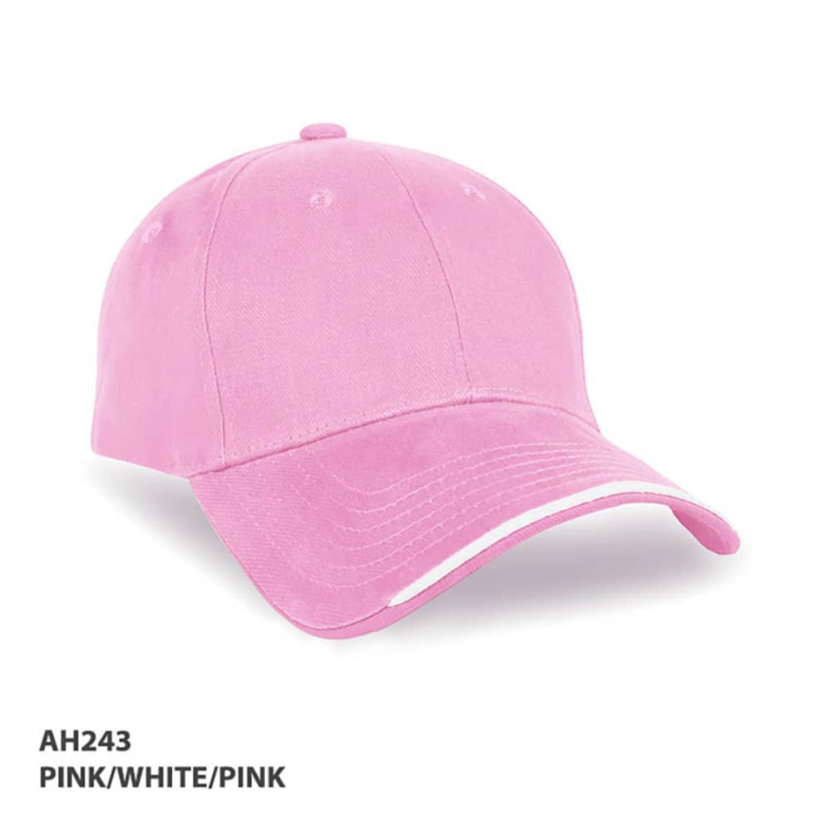 A pink cap featuring a white accent, with a curved brim and a branded logo.