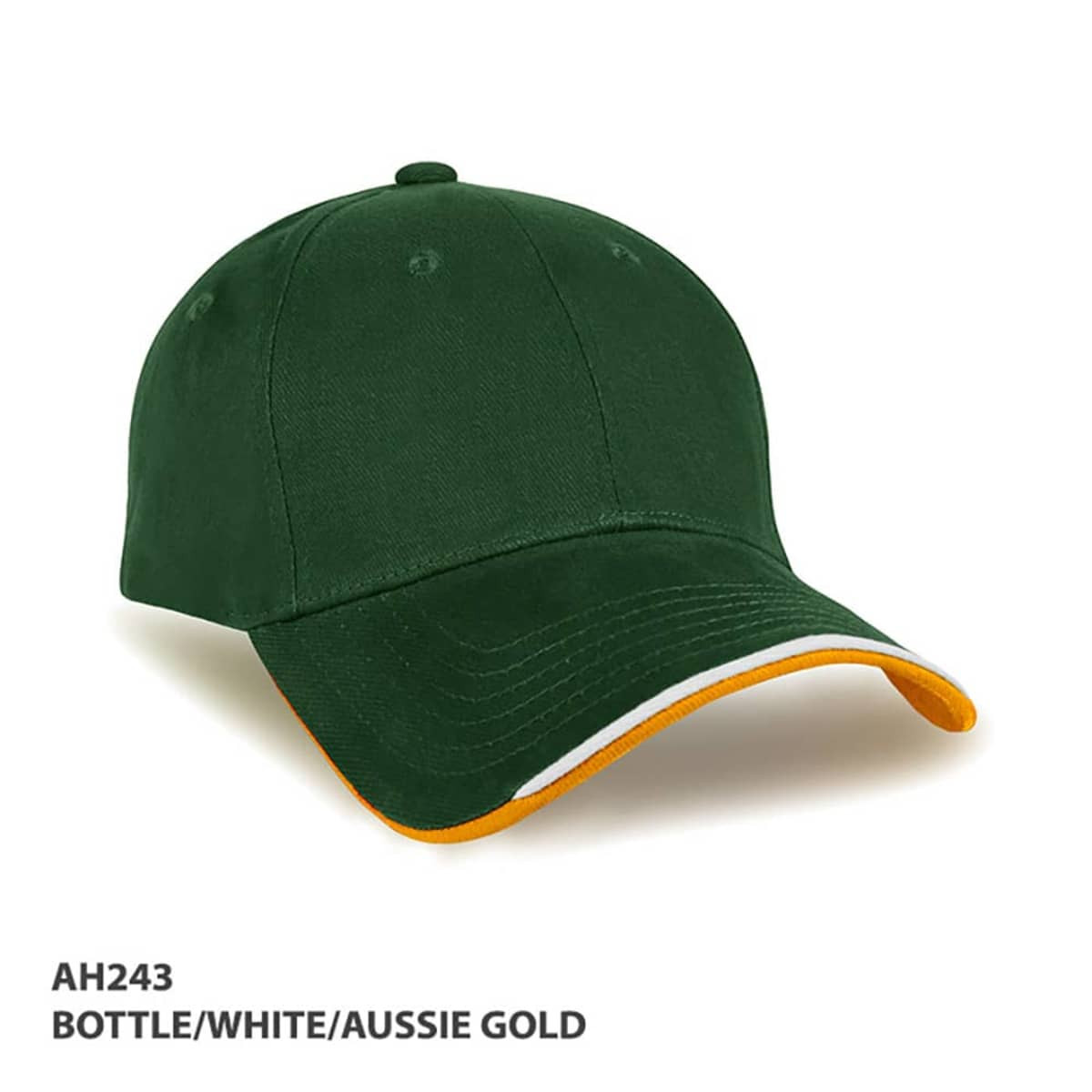 A green cap with a bottle and white body, featuring an aussie gold brim and a logo.