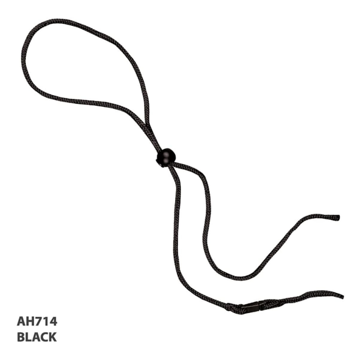 A black rope and toggle product with adjustable loops and a bead toggle mechanism. It includes a branding logo.