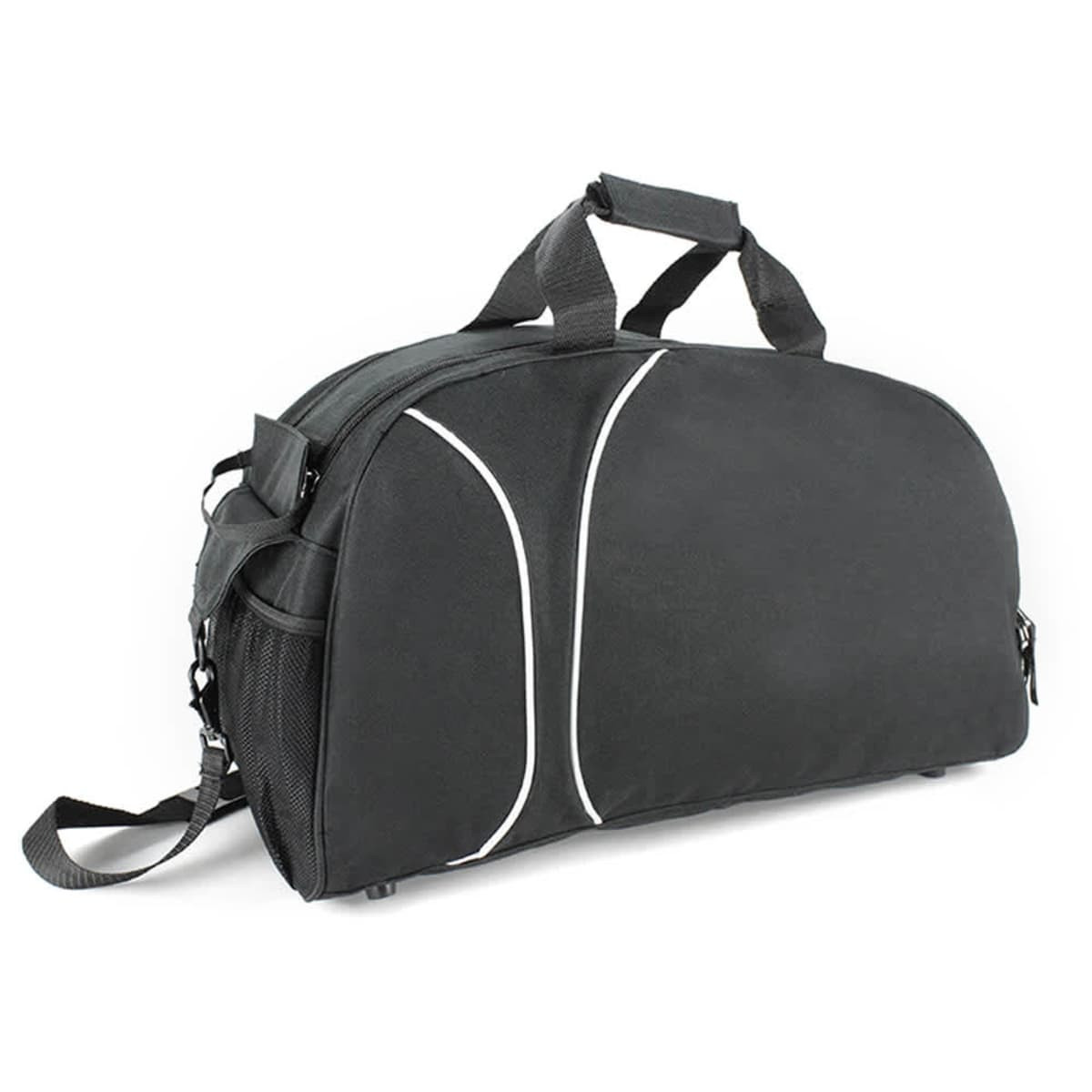 A black duffle bag with white accents, featuring a shoulder strap and dual handles, also includes a logo.