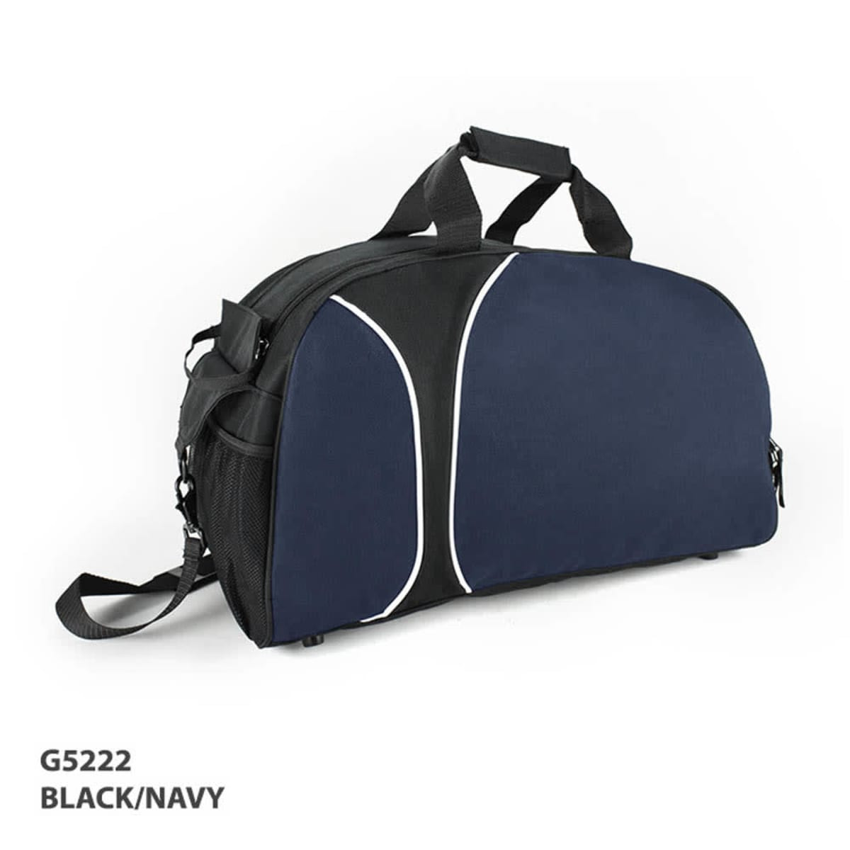 A black and navy casual sports bag with dual handles, a shoulder strap, and a logo.