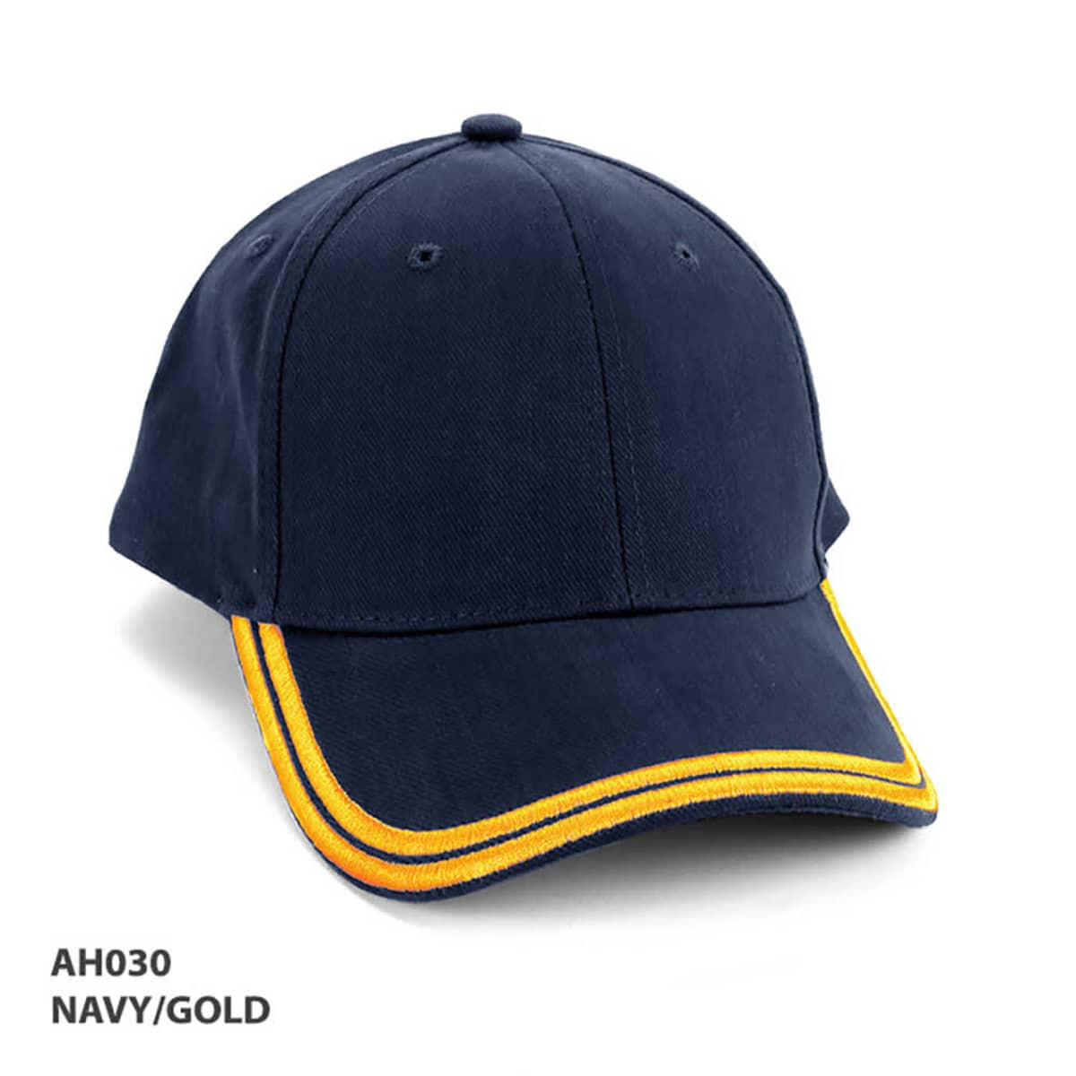A navy cap featuring gold double piping and a branded logo.