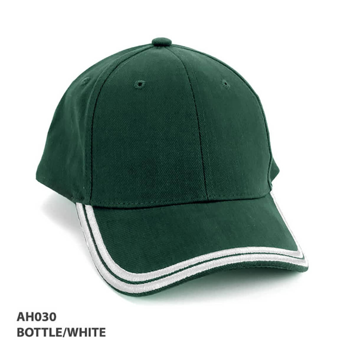 A green cap with white double piping detailing and a logo on the front.