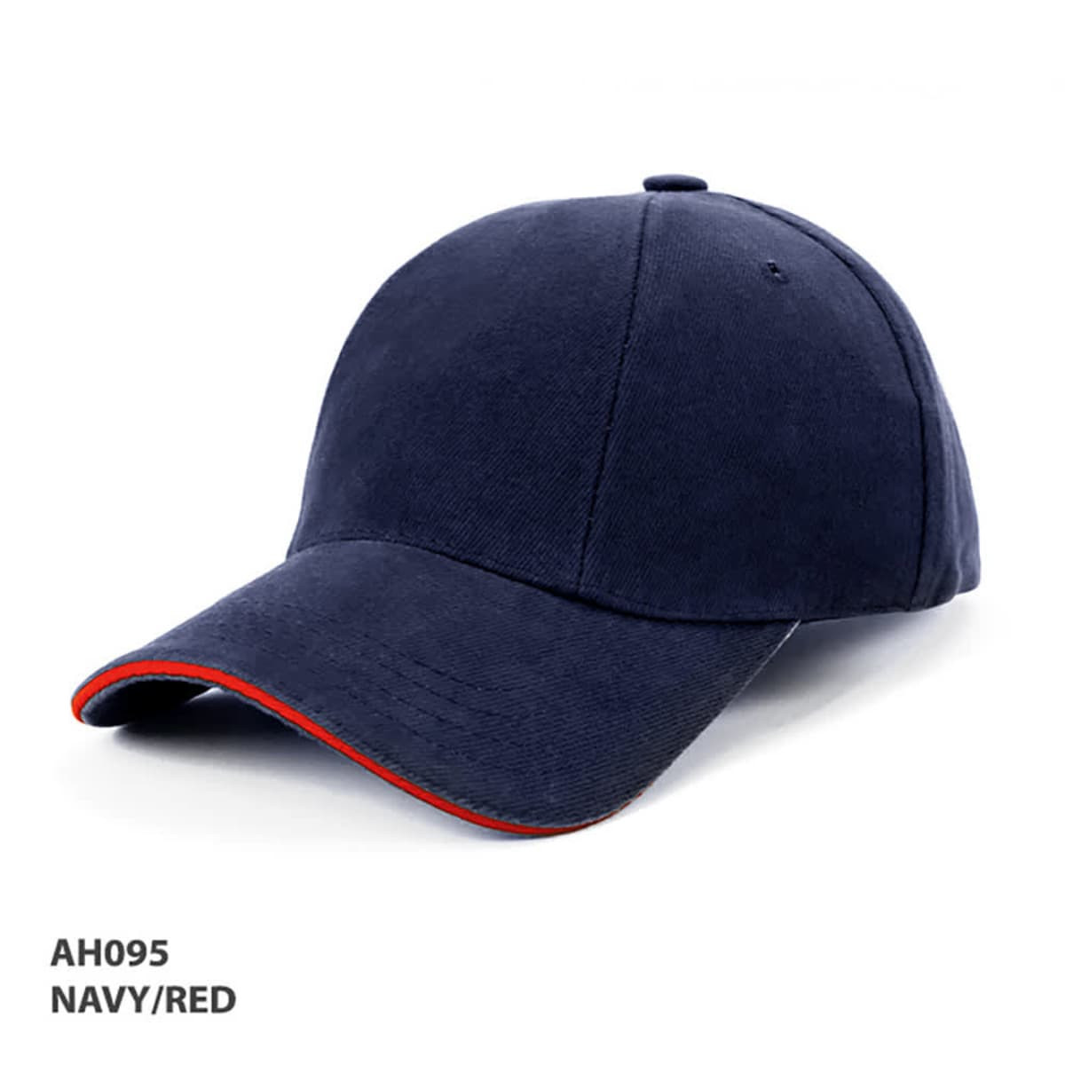 A navy cap with a red peak and trim, featuring a branded logo on the side.