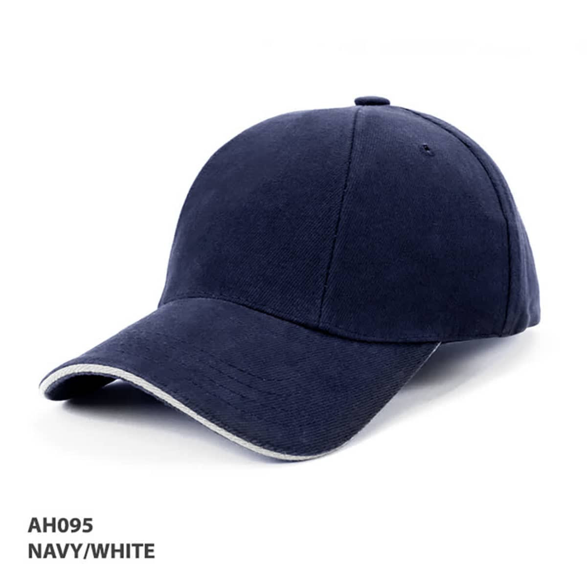 A navy and white cap with a curved peak and a logo. The design features a rotated panel.