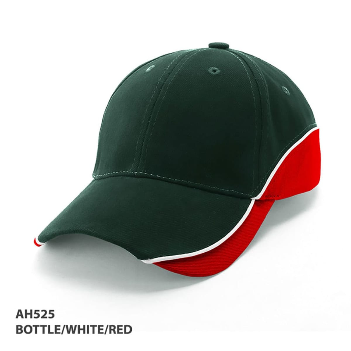 A bottle green cap with red accents and a white trim, featuring a logo on the front.