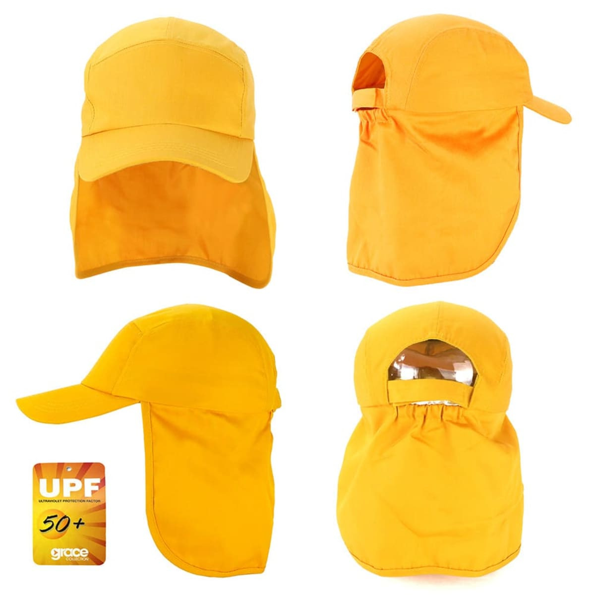 A yellow Legionnaire cap with an extended neck flap and a logo, displayed from various angles.