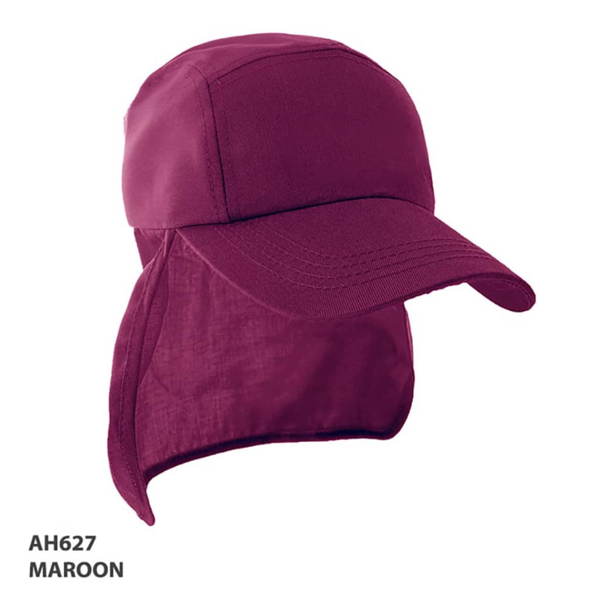 A maroon Legionnaire cap with a wide brim and neck flap, featuring a logo on the side.