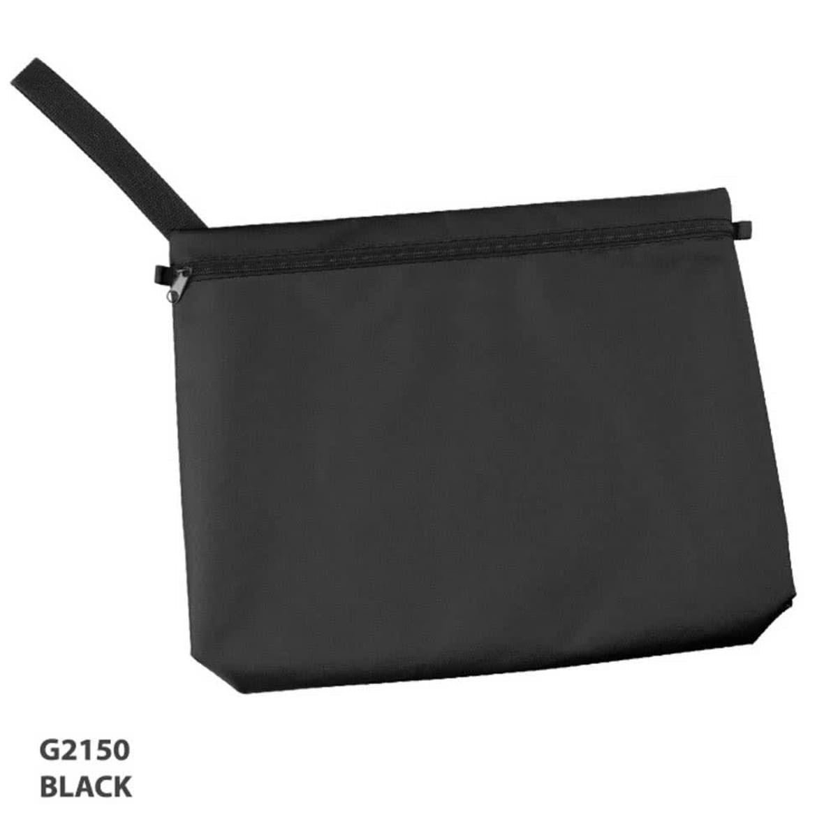A black business satchel with a zip closure and a handle. It features a simple design with a logo.
