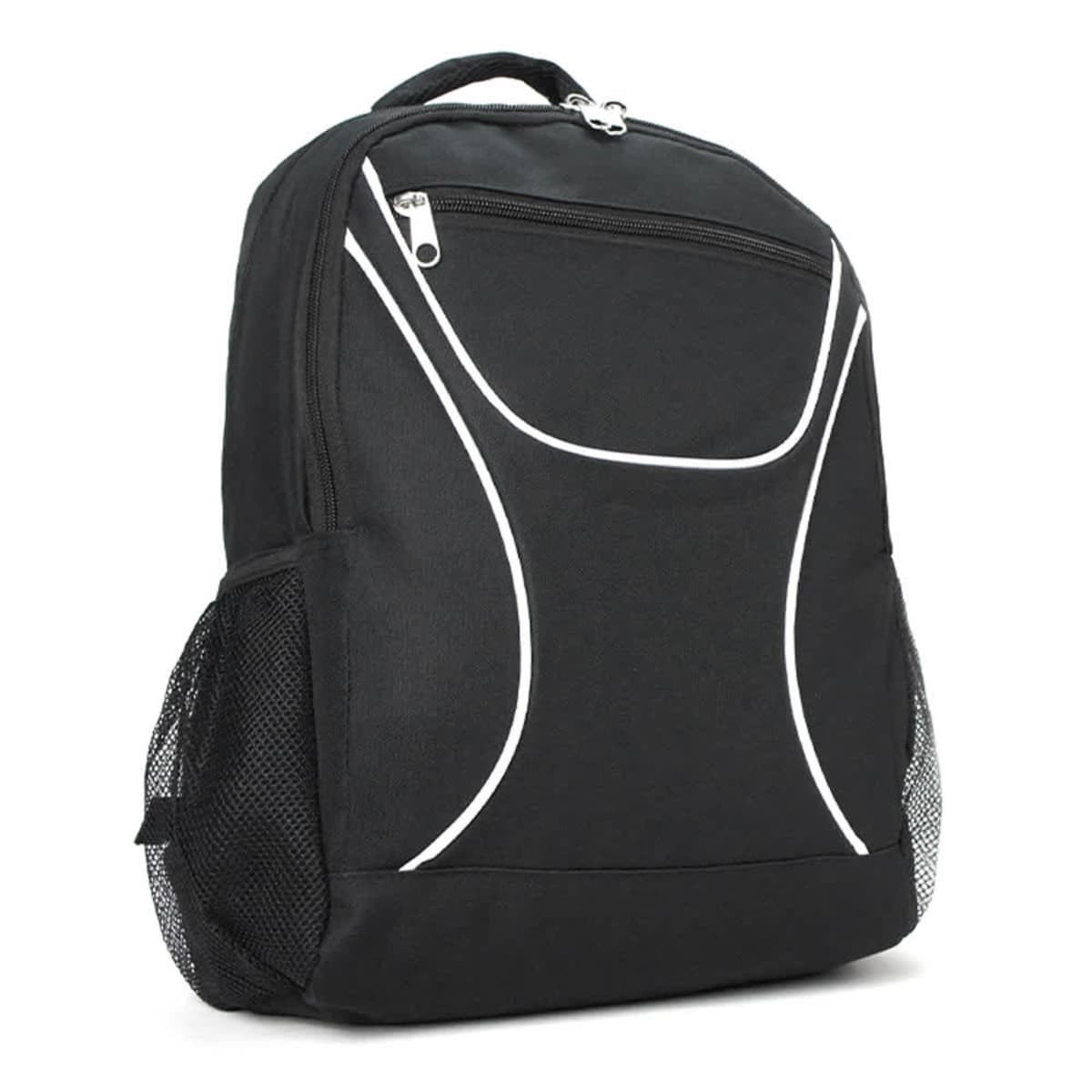 A black backpack with white piping details, featuring a front zip pocket and mesh side pockets. Includes branding.