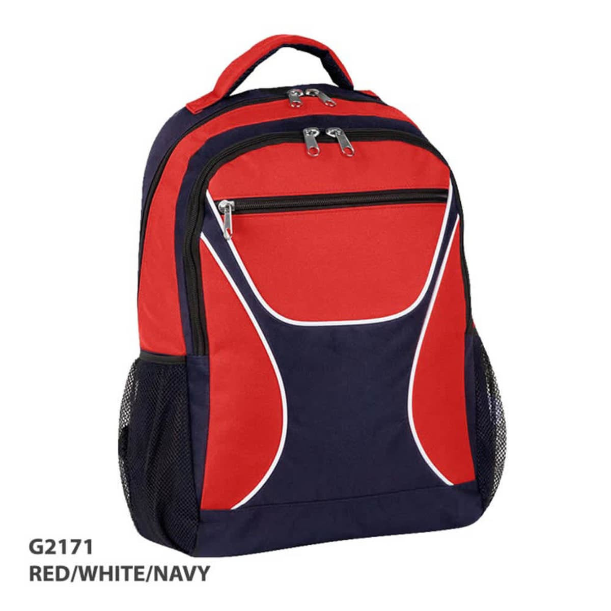 A red and navy backpack featuring a front zip pocket and side mesh pockets, with a logo branding visible.