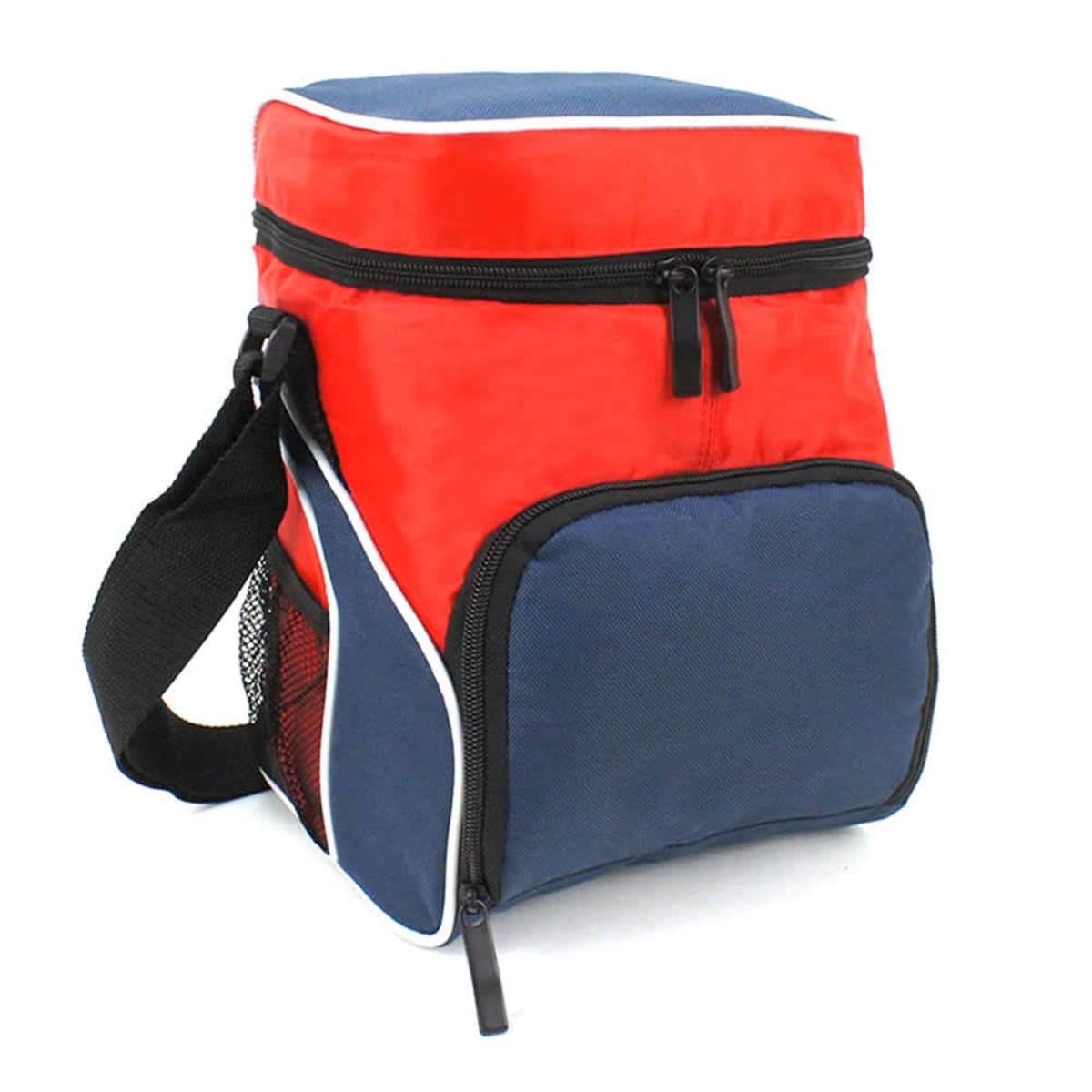 A red and navy cooler bag with a zippered top and side mesh pocket, featuring a shoulder strap.