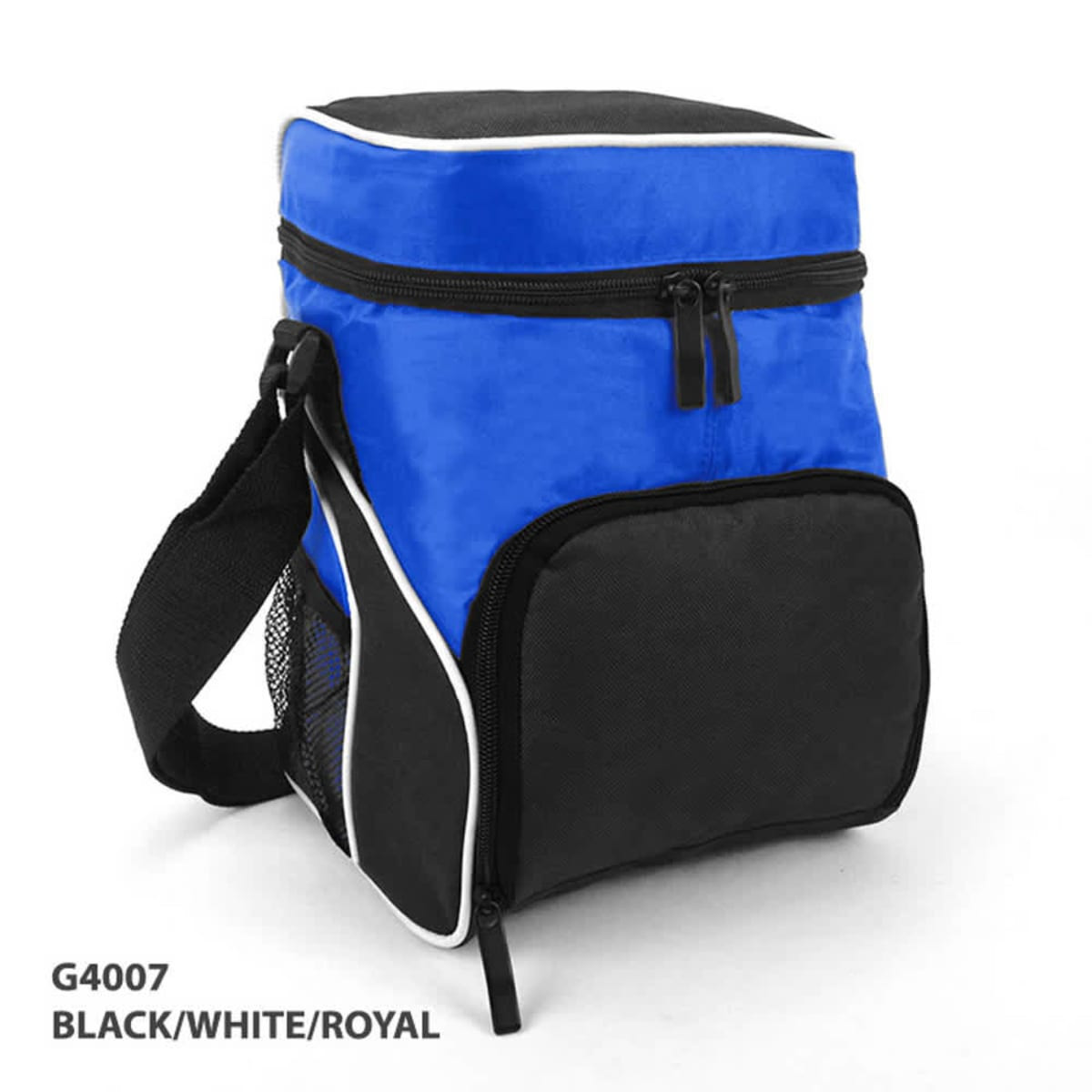 A blue and black cooler bag with a zippered top, featuring a front pocket and a shoulder strap.
