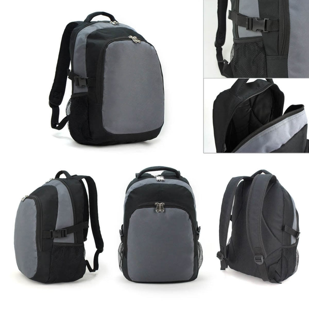 A grey and black backpack featuring multiple compartments and side mesh pockets. It has adjustable straps and a logo.