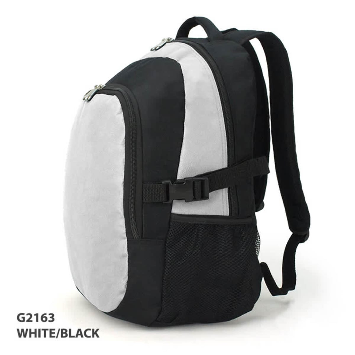 A black and white backpack with a mesh side pocket and adjustable straps, featuring a branding logo.