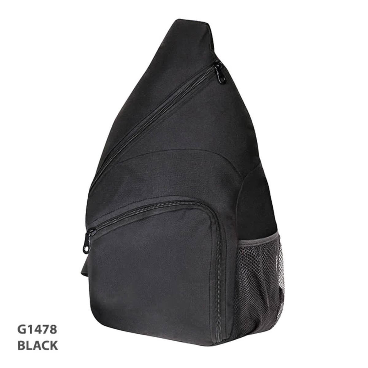 A black slingpack with multiple zippered compartments and a mesh side pocket. It has a logo on the front.